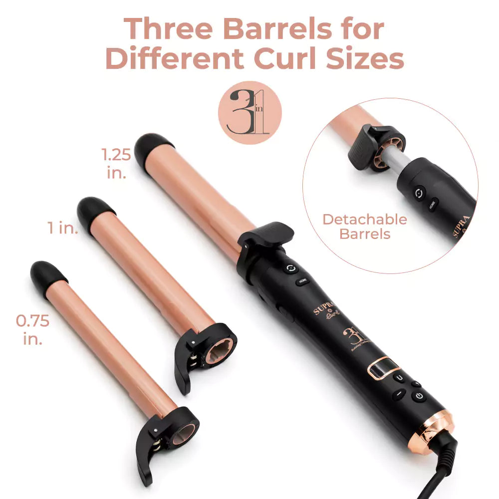 Skin Research Institute Sri Supra Curl 3 in 1 Curling Iron Dual Voltage 3 Barrel Sizes Auto Curling Button Lightweight Ceramic Barrels for